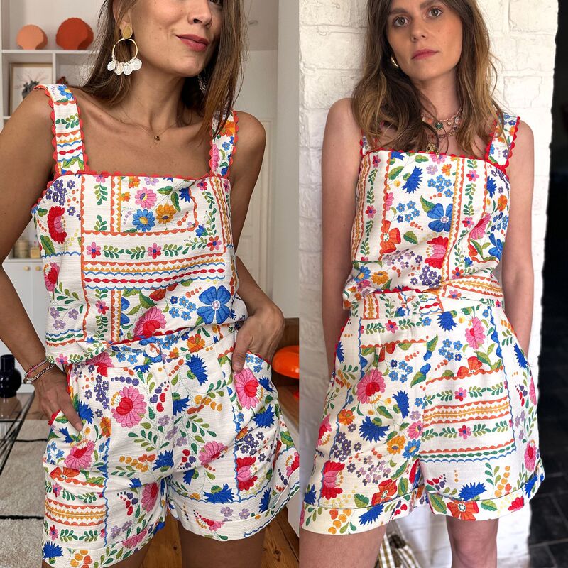 Cross-Border 2025 Amazon European and American Spring and Summer New Suspender Printing Suit ins Loose Holiday Flap Pocket Pants Two-Piece Set