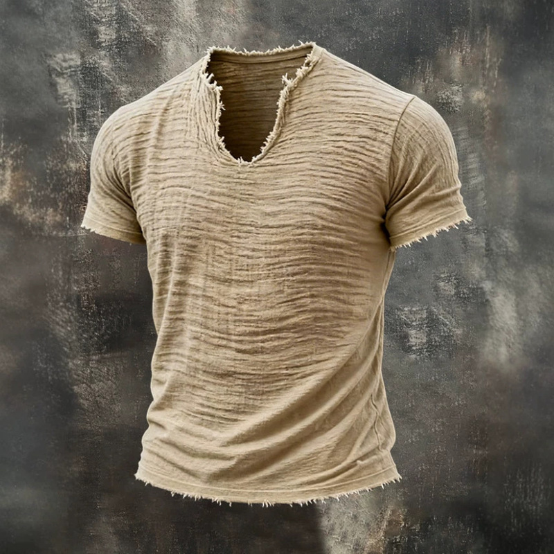 2026 Amazon Cross-Border Solid Color Men's Retro Cotton and Linen Frayed Edge Special V-Neck Short-Sleeve T-Shirt for Summer