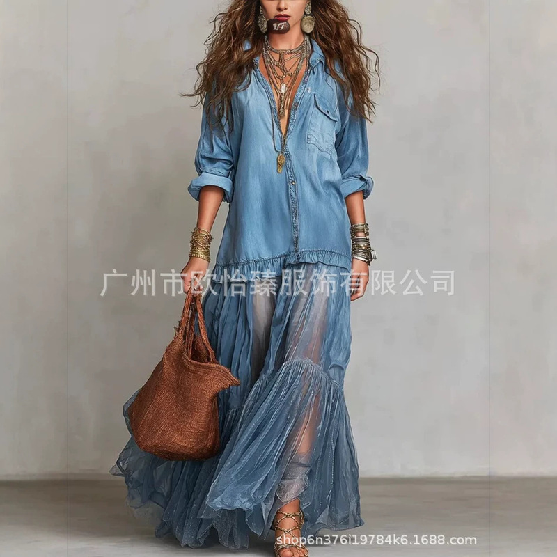 Independent Website Amazon Aliexpress 2026 Summer New Vintage Lapel Denim Patchwork Organza Casual Long Dress Independent Website Amazon Aliexpress 2026 Summer New Vintage Lapel Denim Patchwork Organza Casual Long Dress