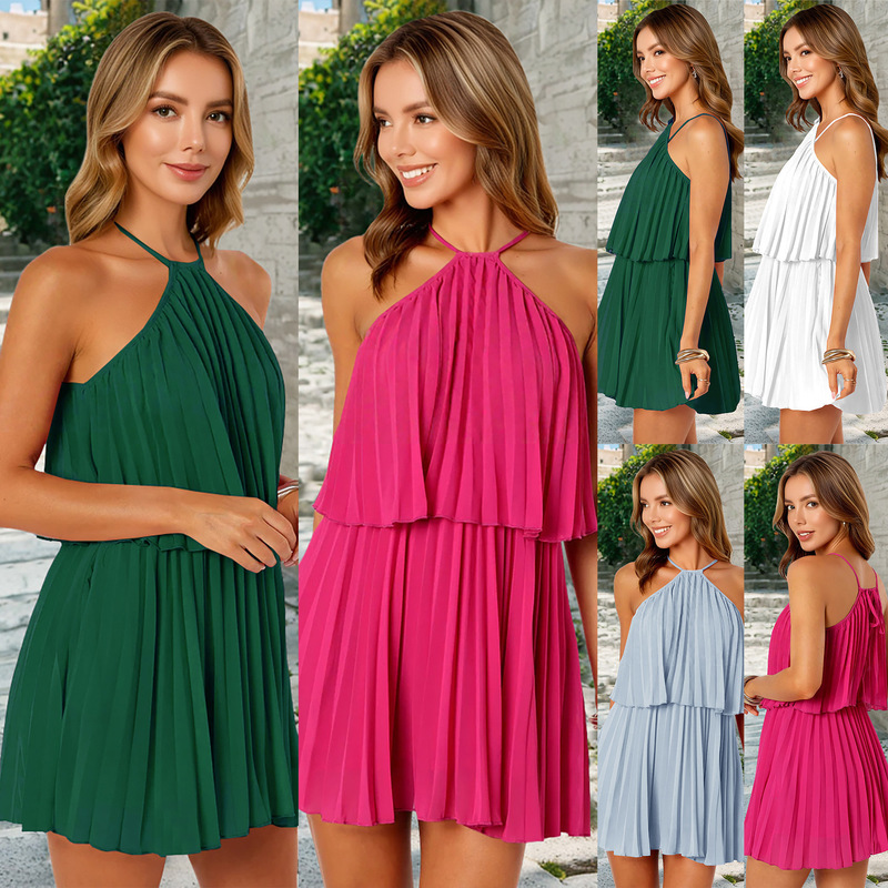 European and American Cross-Border Women's Clothing New Sexy Suspender Double-Layer Pleated Dress 2025 Amazon Summer Short Skirt