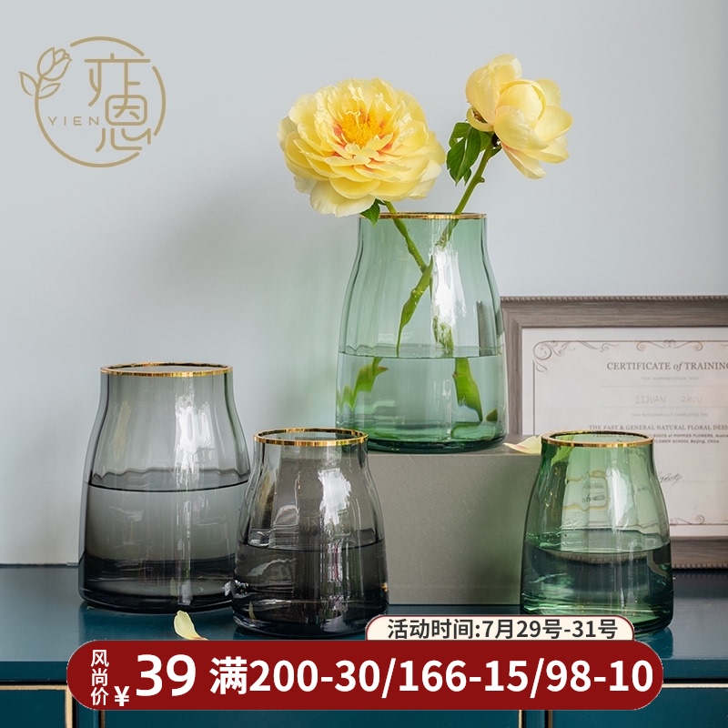 Nordic handmade gold edge stripe transparent glass vase ornaments creative living room flowers hydroponic flower arrangement simple