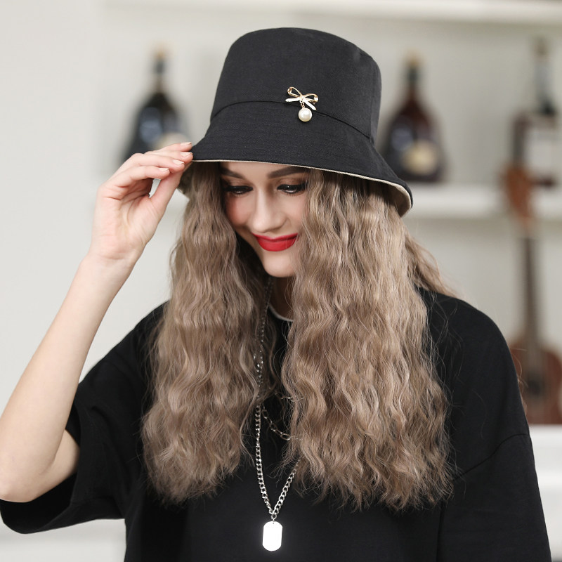 Wig hat one fashion women autumn and winter long hair fisherman hat with wig full headgear simulation long curly hair