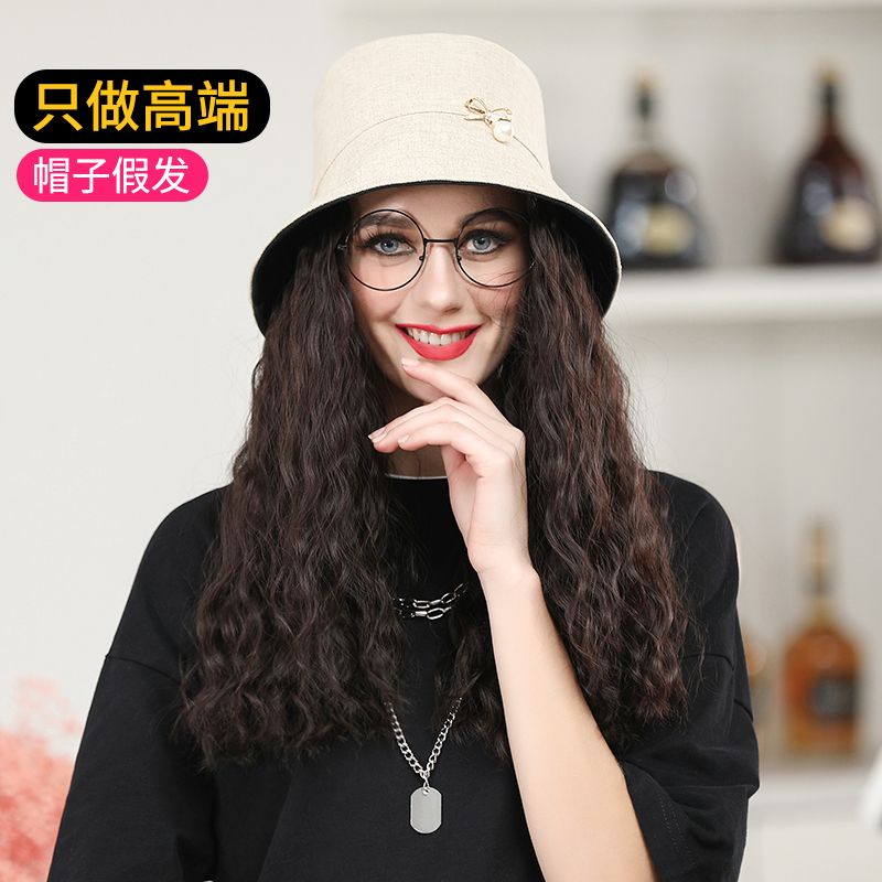 Hat with wig one female fashion autumn and winter mid-length hair wearing wig hat simulation hair full headgear long curly hair