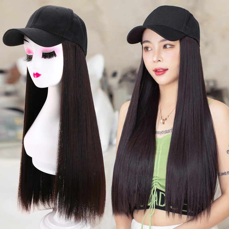Wig hat one fashion women autumn and winter long hair natural wearing hat with wig long straight hair simulation full headgear