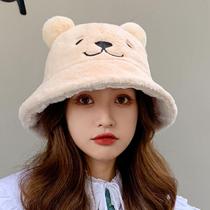 New autumn and winter Korean style fashionable bear fisherman hat for women sweet and cute lamb wool thickened warm ear protection hat