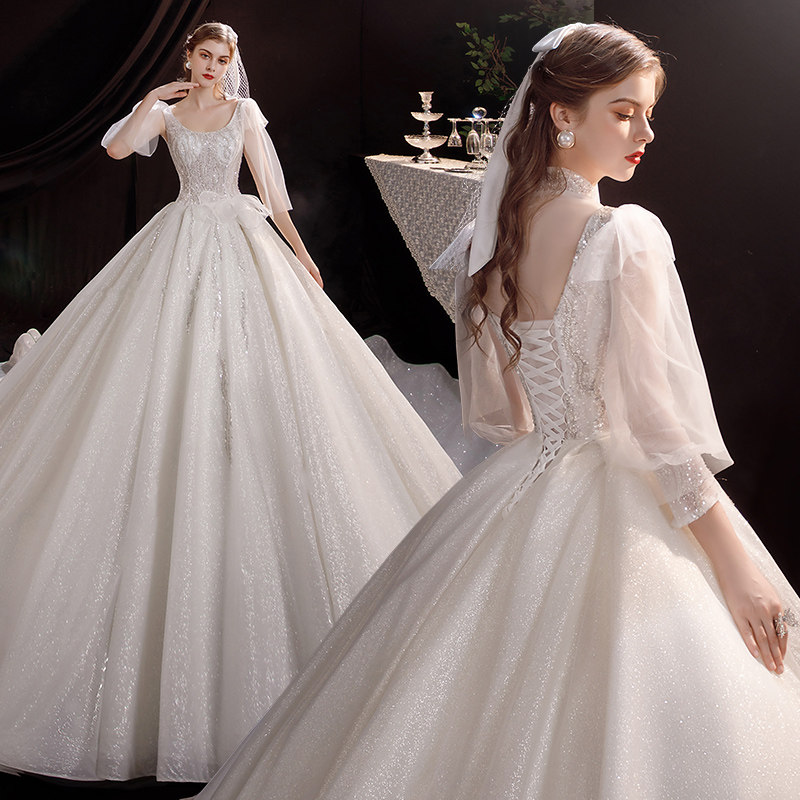 Long-sleeved large size pregnant women light main wedding dress 2021 new bride heavy industry luxury tail cover thick arm French starry sky