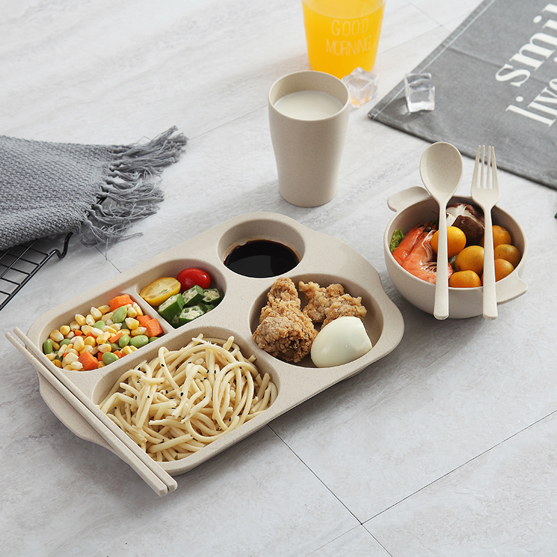 Creative Students Dinner Plate Sub for children Kindergarten dinner plate Home Anti-Fall Wheat Straw Cutlery Fast Food Dish Suit