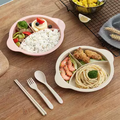 Wheat straw tableware creative children's three-grid dinner plate home anti-drop cartoon cute baby dinner plate cup set