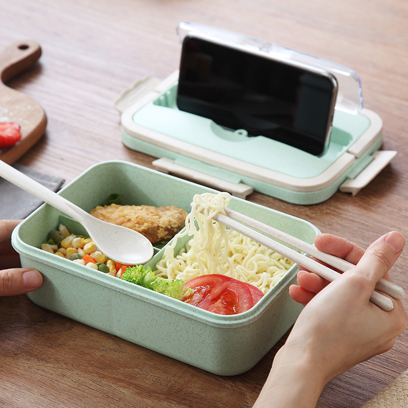 Primary and secondary school students lunch box Portable cute fitness lunch box Office workers canteen grid with lid Wheat straw lunch box