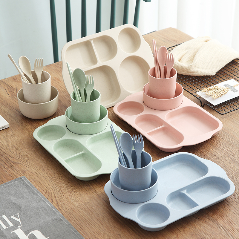 Household Baby Plate Set Cartoon Cute Student Children Wheat Straw Tableware Divided Anti-Fall Supplementary Food Rice Plate