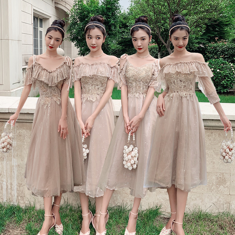 Out Rental 2022 Autumn Winter Rental Bridesmaid's New Wedding Sister Group Coffee Color Dress Graduation with a bridesmaid