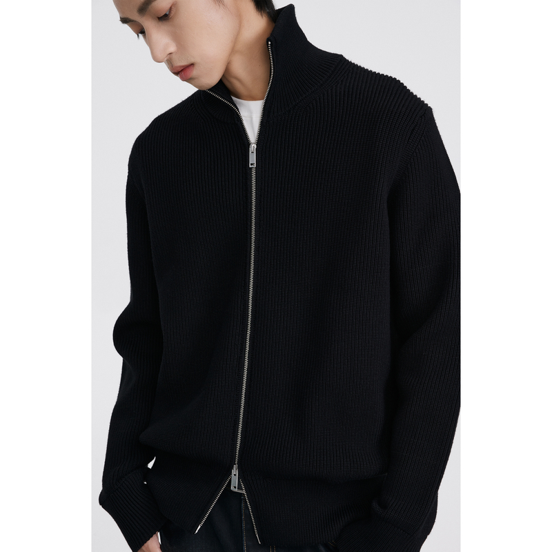 Dimc Black Stand-Up Collar Slim Double-Zip Sweater Autumn and Winter Fashionable High-End Textured Knit Jacket