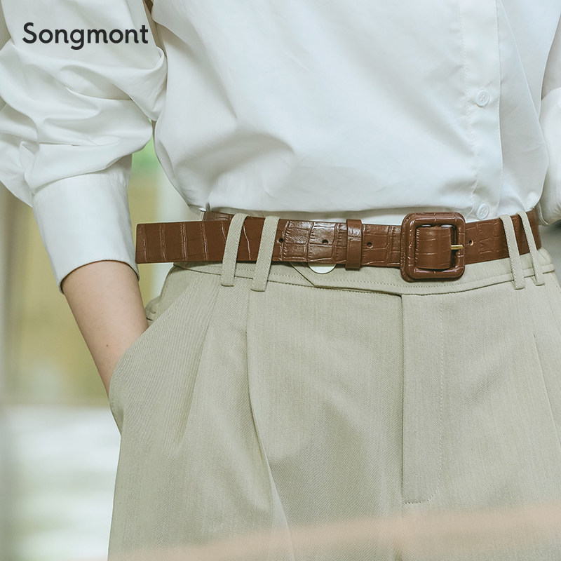songmont lady's belt square button young pants with new fashion minimalist headlayer cow leather wide leather strap