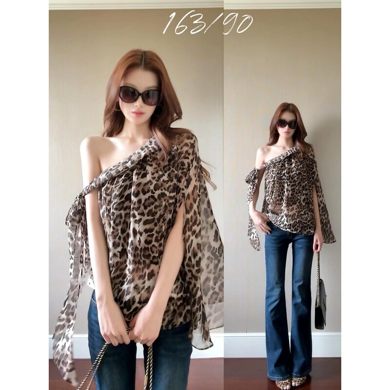 Irregular Leopard Print Off-Shoulder Chiffon Shirt for Women, Summer Casual, Elegant, Loose, Stunning Cape, Pure Desire Off-Shoulder Top Irregular Leopard Print Off-Shoulder Chiffon Shirt for Women, Summer Casual, Elegant, Loose, Stunning Cape, Pure Desire Off-Shoulder Top