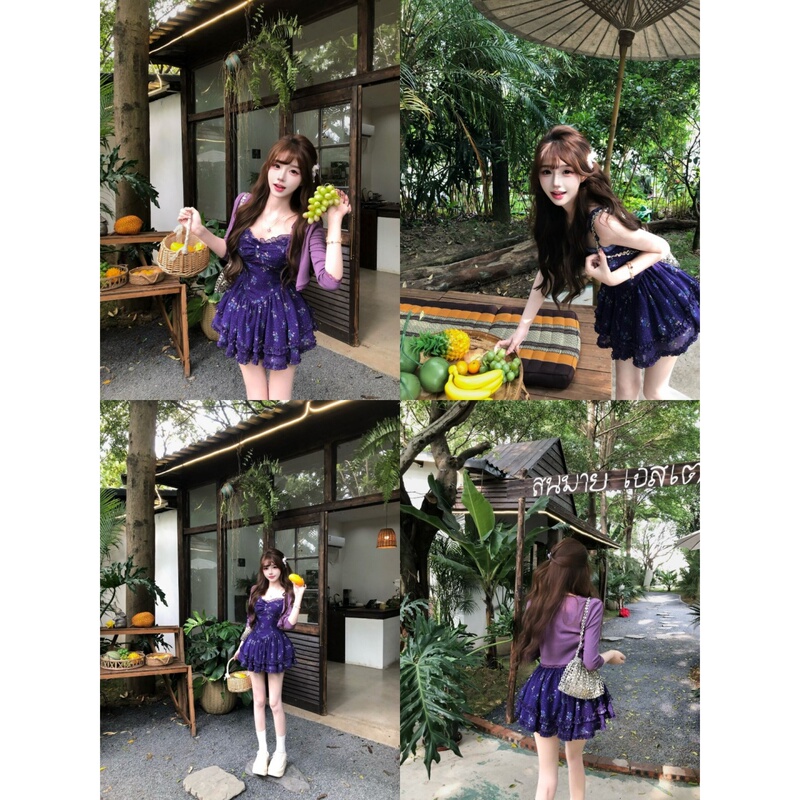 French-Style Purple Polka-Dot Floral Suspender Dress for Women, Summer Seaside Vacation Style, Stunning Waist-Cinching Cake Short Skirt
