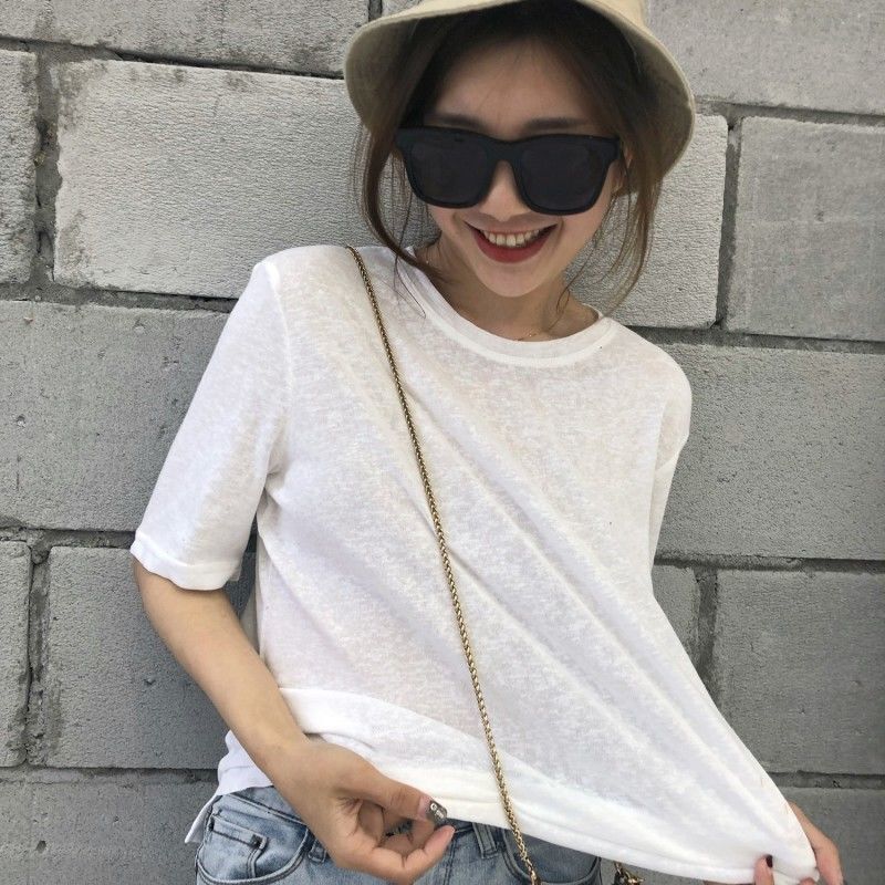 Transparent Mesh Base Shirt, Ice Silk T-Shirt for Women, Short-Sleeved, Thin, Slightly See-Through Summer Top, Loose White Mask Top T-Shirt