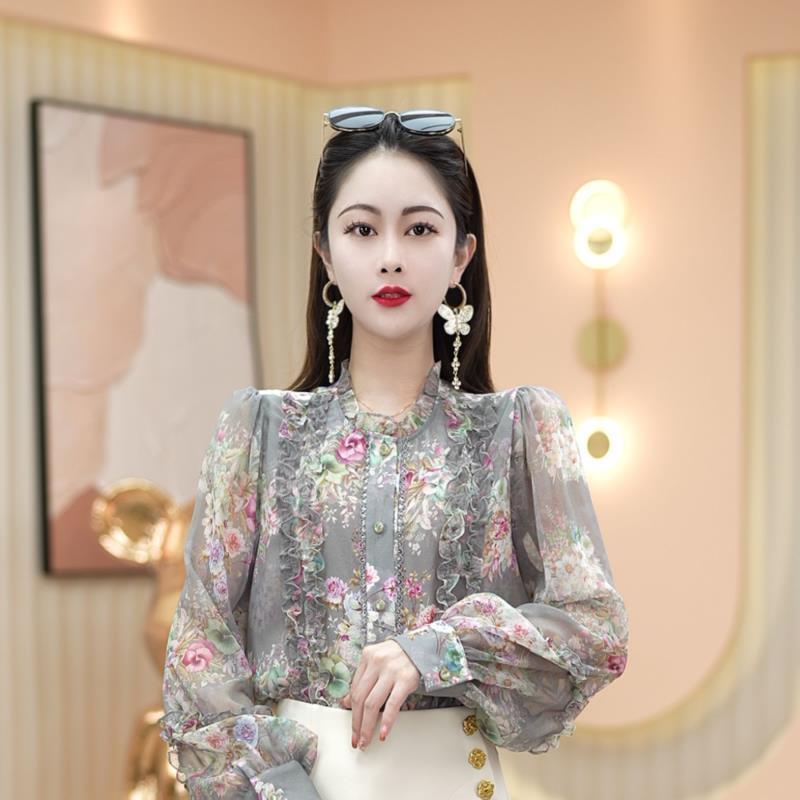 Extra Large Size 150kg French Design Niche Chic Floral Shirt Women's Summer New Long-Sleeved Shirt Top