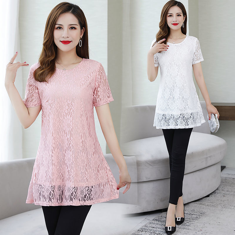 Lace Base Shirt for Women, Mid-Length, New Style, Plus Size Women's Clothing, Loose and Slimming Lace Top, Loose Base Skirt, Trendy