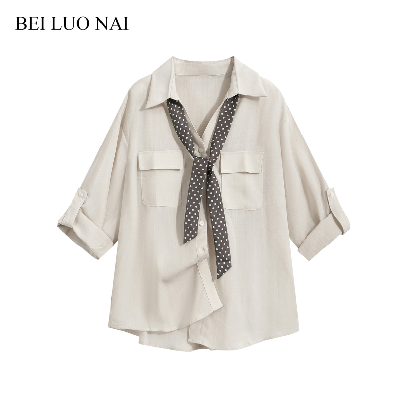 Lyocell Beige Shirt for Women, 2026 Early Autumn Style, Lazy Style, Loose Mid-Length Casual Top with Polka Dot Silk Scarf