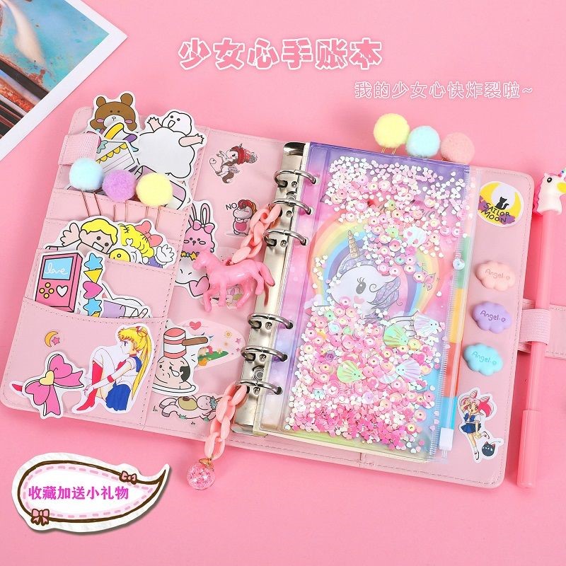 Cute Korean version Handbooks This unicorn Hand ledger This teenage girl's heart shakes online red streaming sand notebook ins can be torn down 