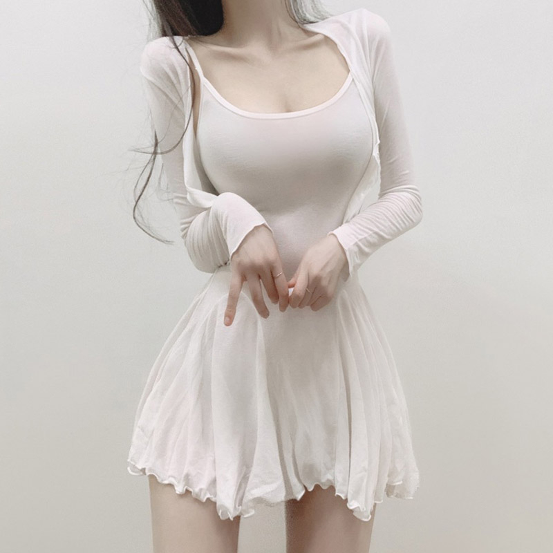 Korean Style Spring and Autumn Low-Cut Skirt Set, Sexy Slightly See-Through Suspender Dress, Summer Outfit, Goddess Style, Elegant Two-Piece Set