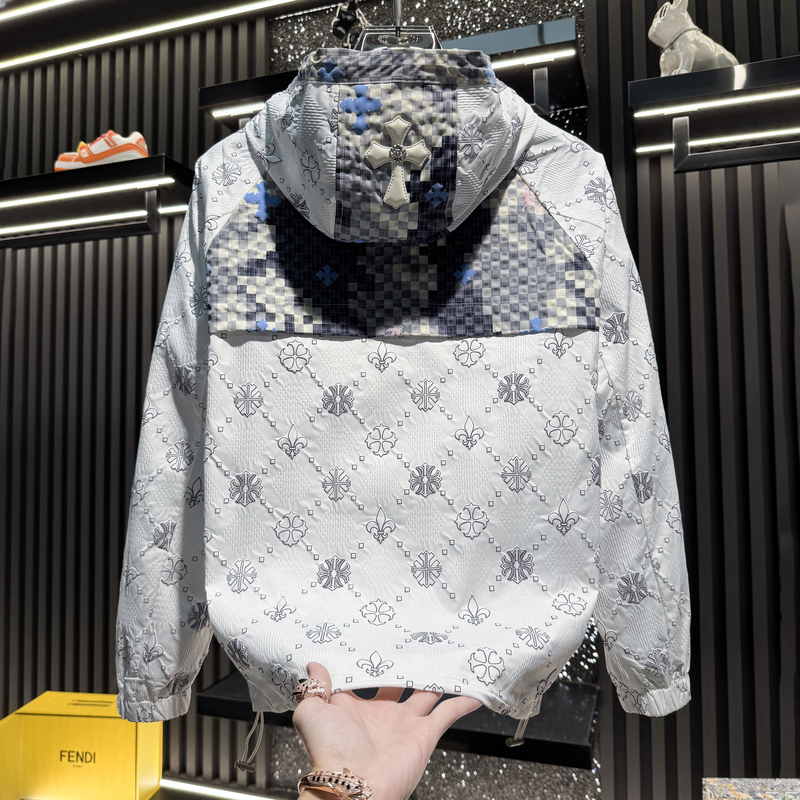 European Men's High-End Embossed Plaid Patchwork Hooded Casual Jacket 2026 New Autumn Trendy Brand Light Luxury Jacket