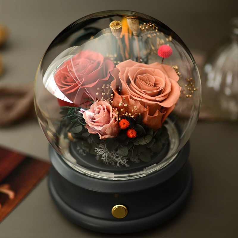 Preserved Flower Glass Cover Gift Box Ornament Bluetooth Audio Music Box Black Rose Valentine's Day Gift for Girlfriend Confession