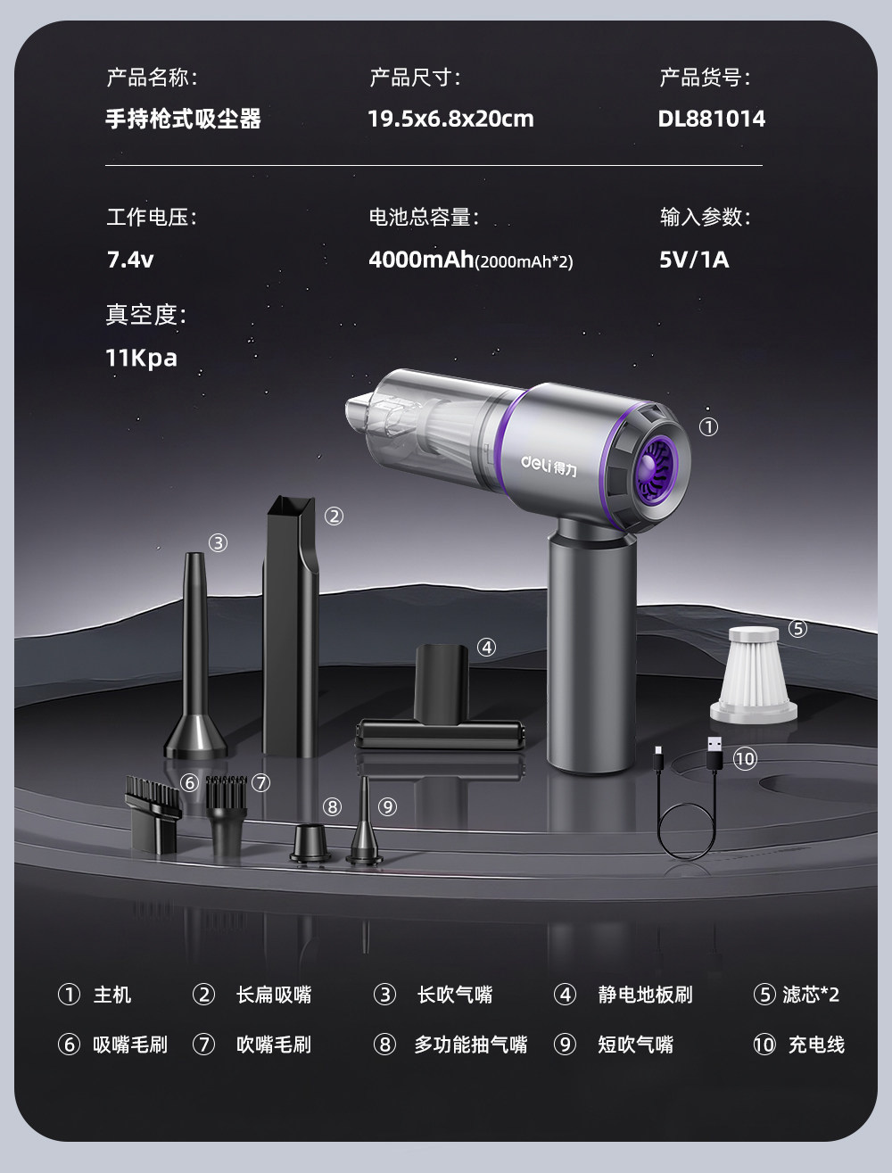 Deli car vacuum cleaner, handheld, small, wireless, 2026 new model, designed for both indoor and car use, with super strong suction power