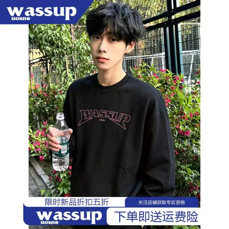 Wassup National Trend Pure Cotton American-Style Black Long-Sleeve T-Shirt for Men and Teenagers, Base Layer Top