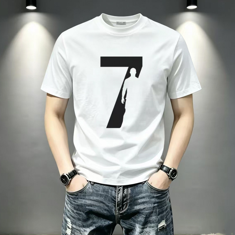 New Trendy Creative Number 7 Printed Short-Sleeved T-Shirt for Men, Round Neck, ins Pure Cotton, Fashionable and High-End Top