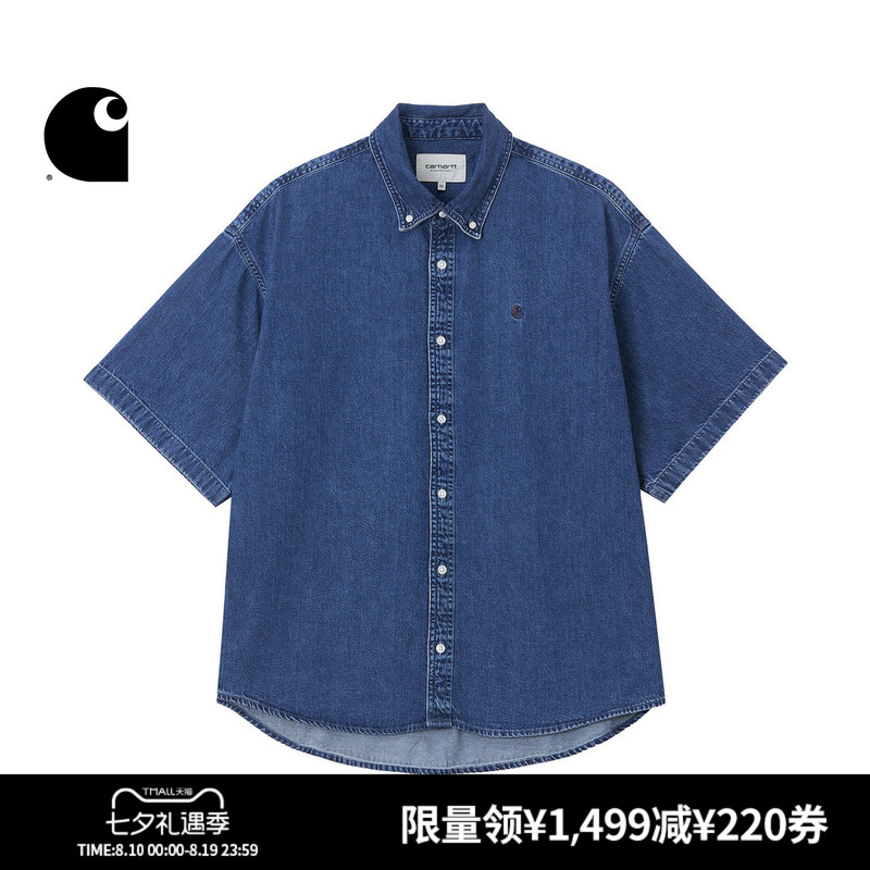 Carhartt Wip Shirt Men's Summer Classic C Logo Embroidered Stone-Washed Wide-Fit Denim Short-Sleeve Carhartt