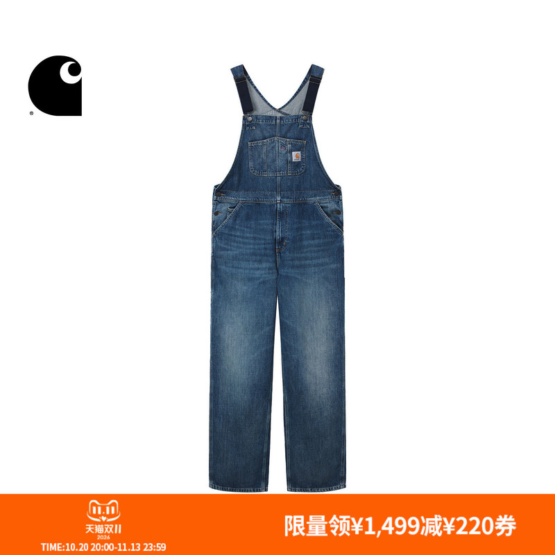 Carhartt Wip Men's Classic Square Logo Multi-Pocket Stone-Washed Wide-Fit Denim Overalls Carhartt