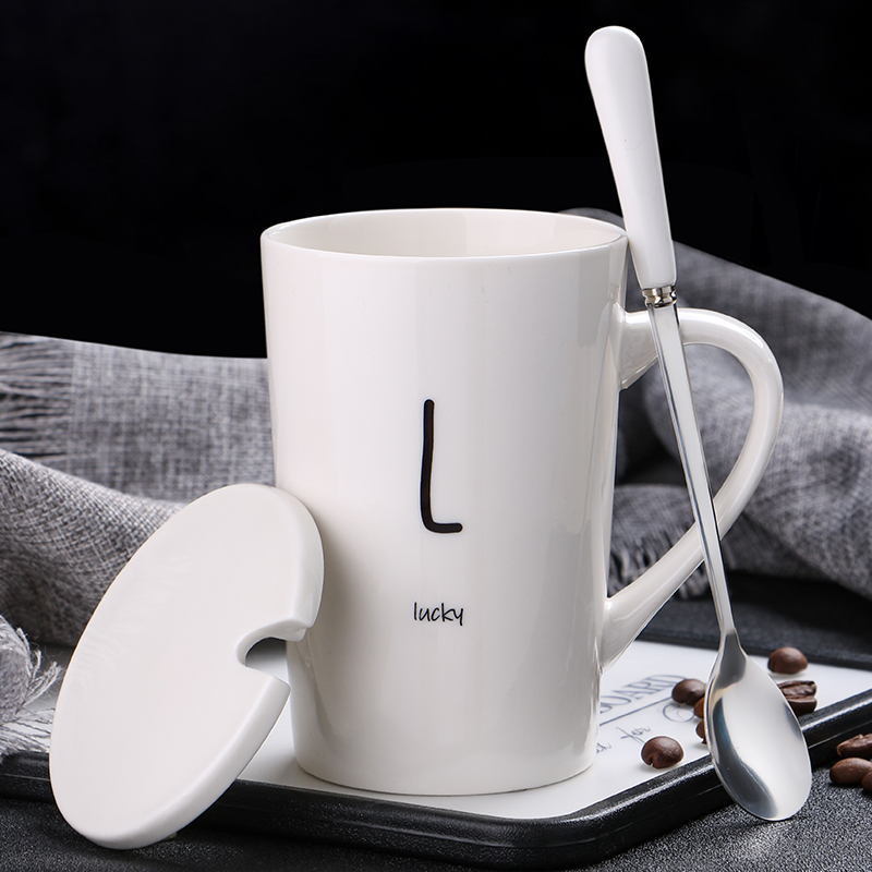 Creative personality ceramic mug with lid spoon drinking water cup trend couple men and women household milk coffee tea cup