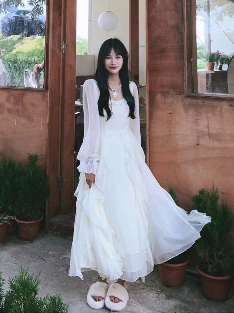 One Jar Almond Peach First Love 2022 New Dress Women's Summer Niche Design With Knee-length Dress White Fairy Skirt