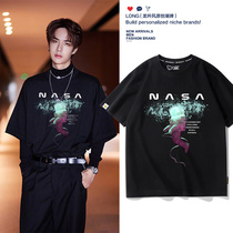 Original mens short sleeve T-shirt Bottom Shirt Pure Cotton Tide Card Tide Knit Loose Nasa Astronaut Joint Blouse