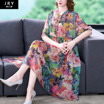 Mulberry silk dress female 2022 new summer dress middle-aged mother cover belly floral skirt cover flesh thin chiffon skirt