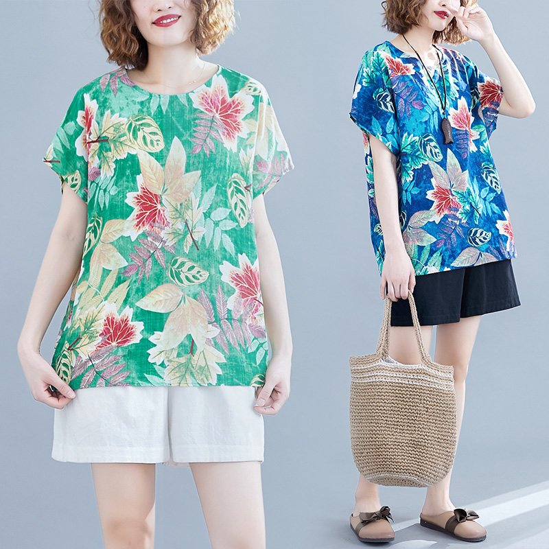 2020 mùa hè mới lớn mã in vải loose-fitting ngắn tay áo thun cotton áo khoác phụ nữ