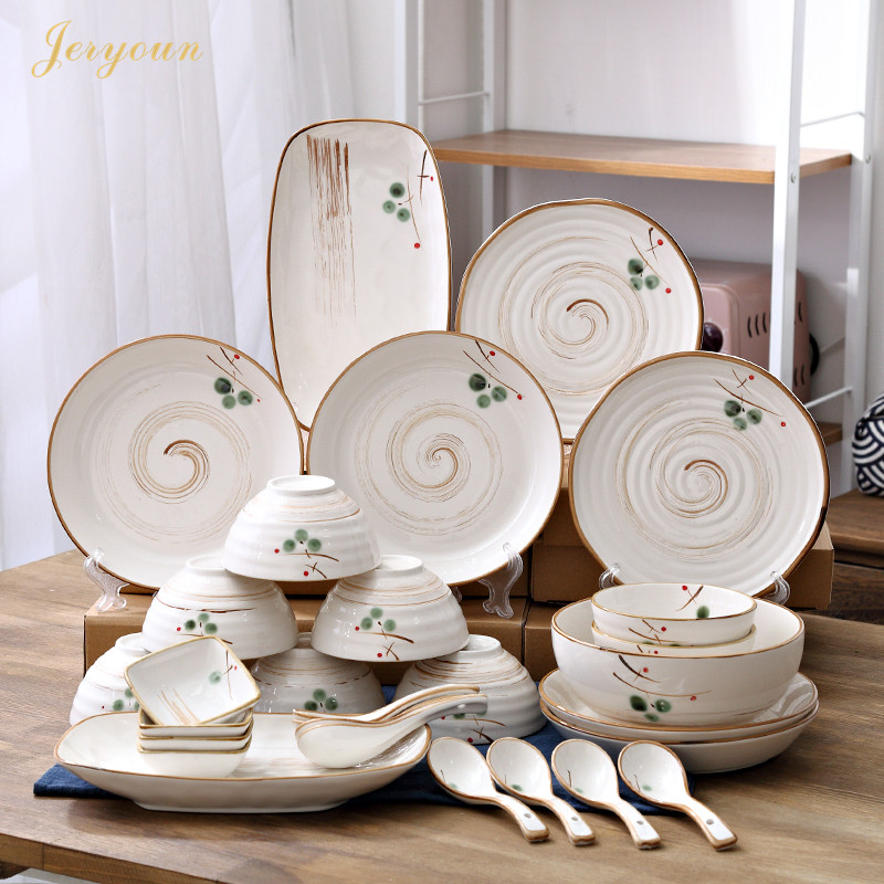 JERYOUN Japanese-style ceramic bowls and dishes tableware set fashion household dining tableware bowls trend plate combination