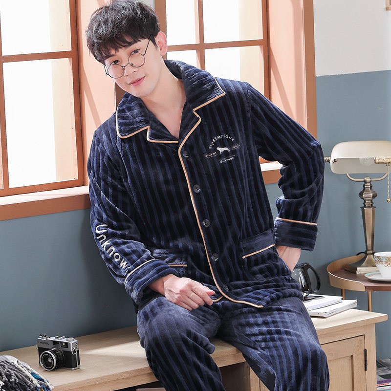 Men's Pajamas Winter Coral Suede Autumn Winter Style Garnter Thickened Warm Youth Large Size Easy Winter Men's Suit