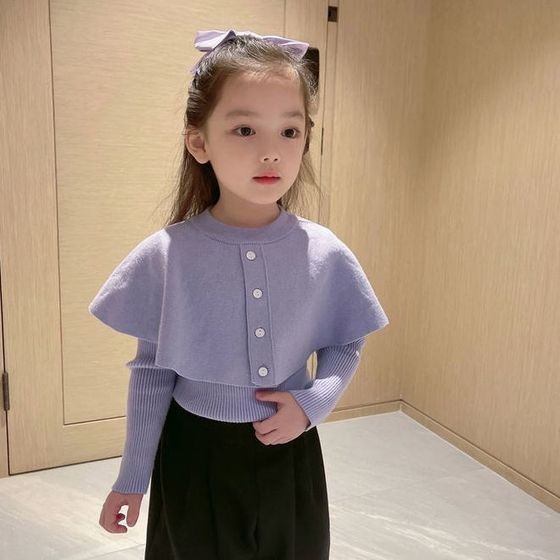 Girls' Clothes Xiaoxiangfeng Fake Two-piece Cloak Sweater Long-Sleeved Knitted Sweater Spring and Autumn Style Korean Style Bottoming Children's Top