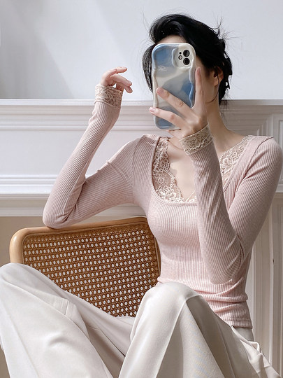 Sexy hot girl style lace square-neck bottoming shirt for women in autumn and winter new tight-fitting long-sleeved inner top with pure lust