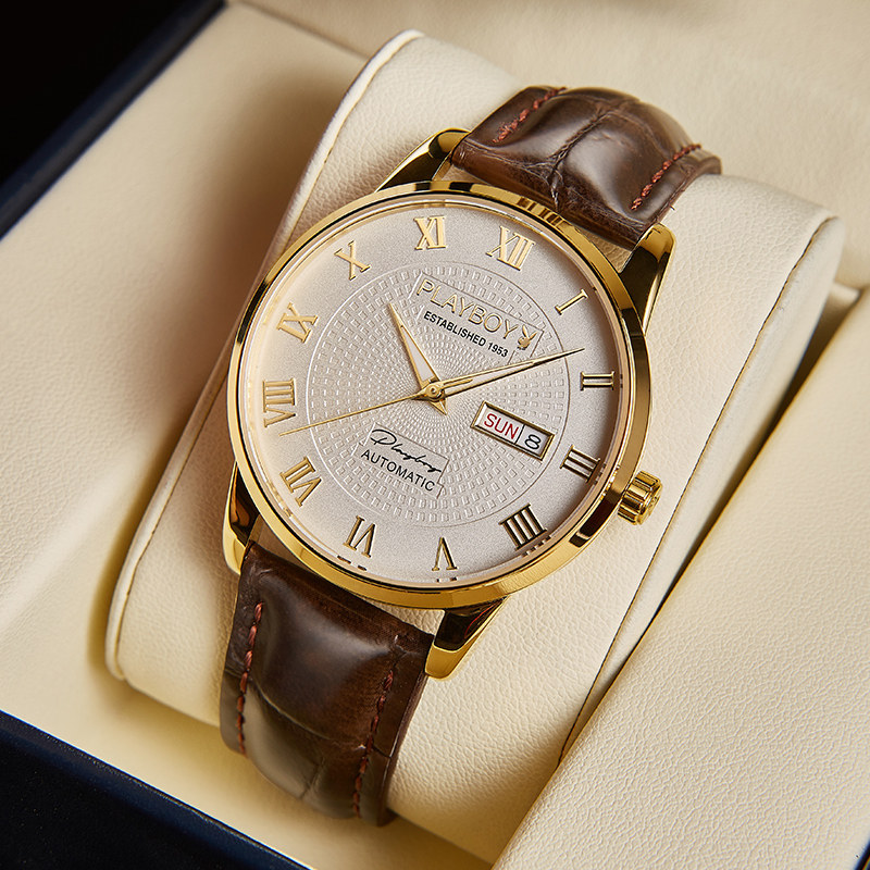 Playboy watch men's 2021 new business light luxury black technology leather belt automatic mechanical watch