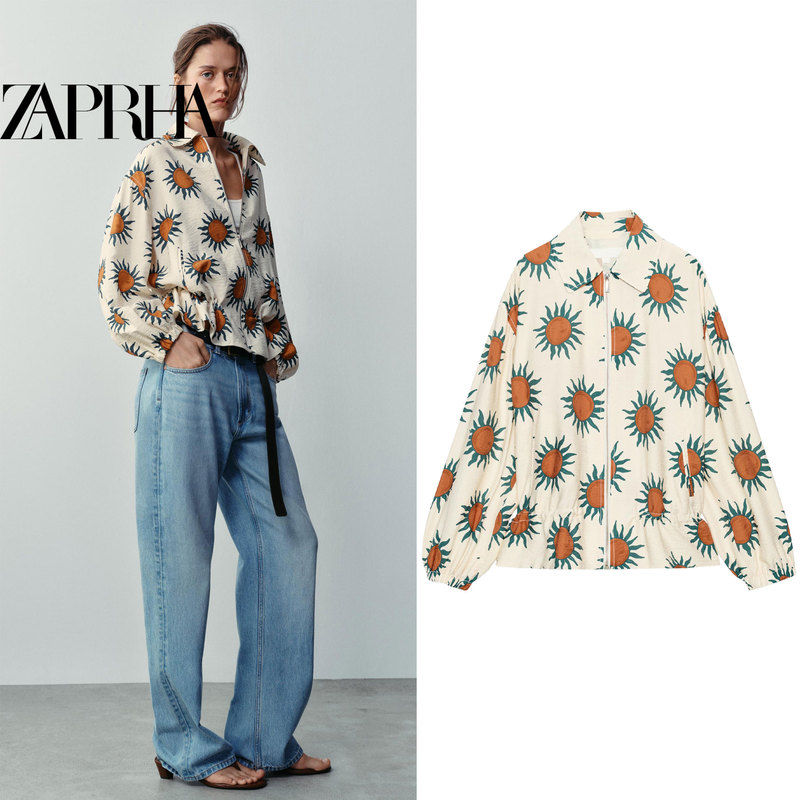 Autumn Holiday Style Printed Lapel Zipper Hem Elastic Waist Lantern Sleeve Versatile Casual Jacket 7911155