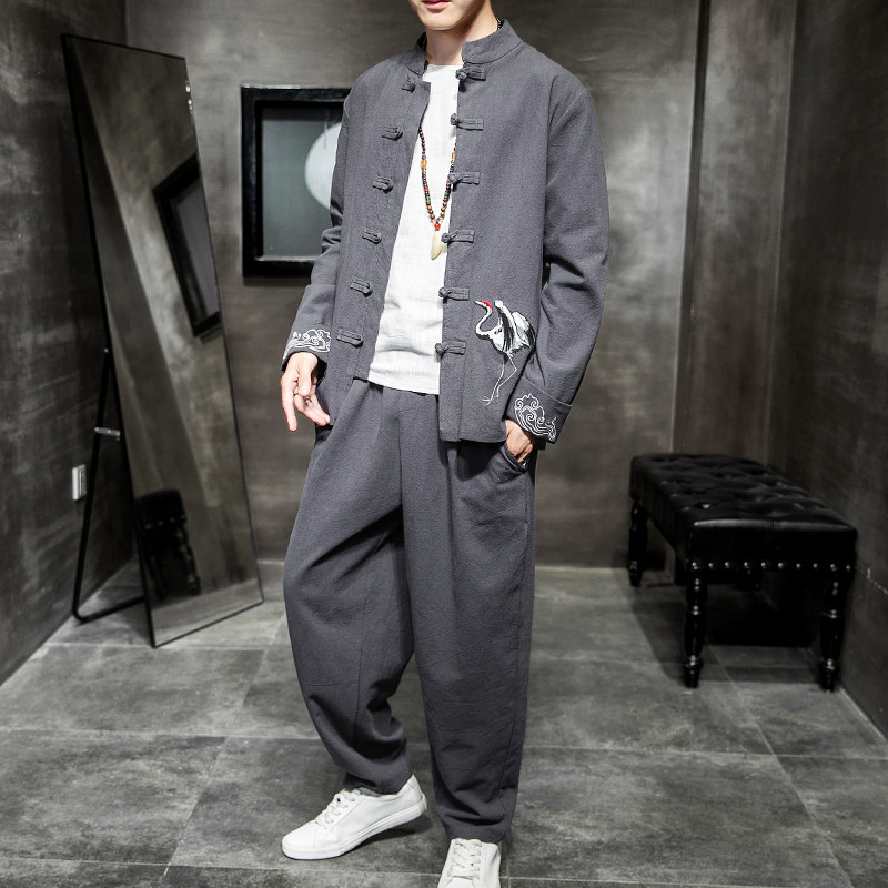 Chinoiserie linen set spring Hanfu antique mens Zhongshan jacket youth Tang jacket men's coat embroidery