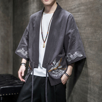 Chinese style mens embroidery Hanfu mens loose casual retro style cardigan jacket summer short sleeve cloak trend