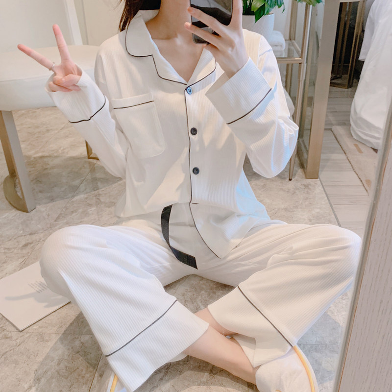 JRCE pajamas women's spring and autumn pure cotton Korean version sexy long-sleeved cardigan wear women's white cotton home wear suit