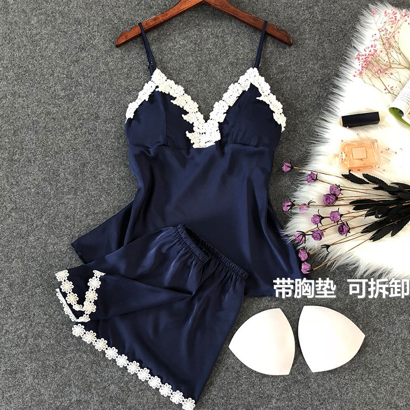 Super fire summer sexy pajamas women's ice silk thin short-sleeved shorts suspender chest pad two-piece suit home clothes tide