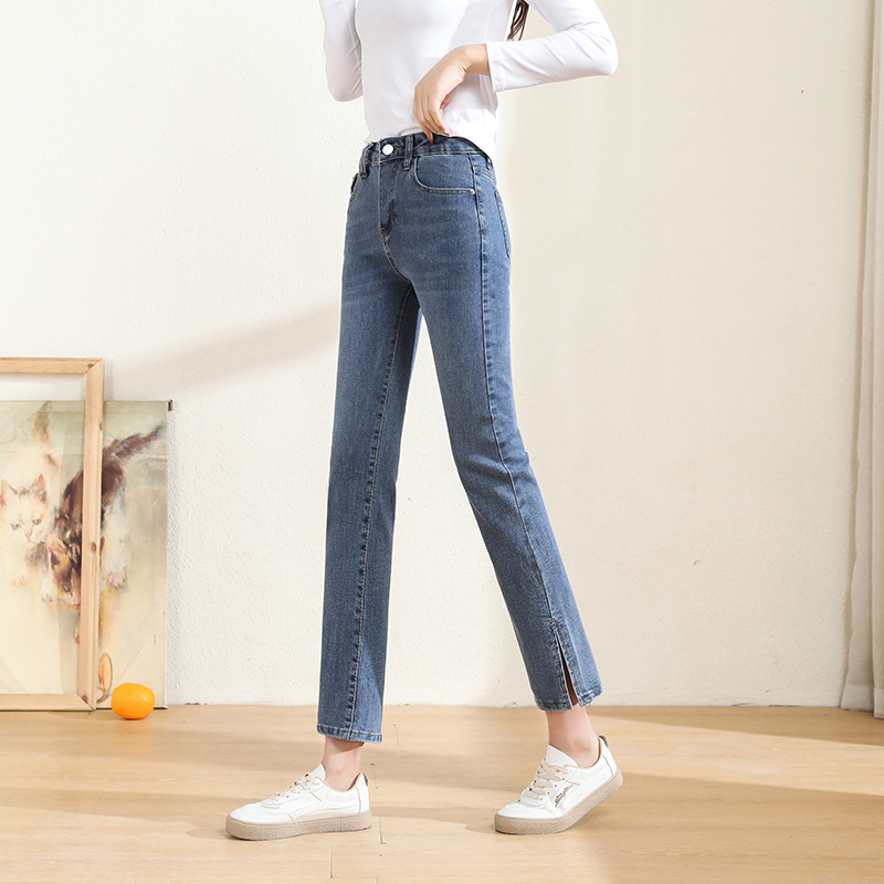 Spring small straight jeans women 2021 new high waist slimming 89 loose cigarette stretch women's pants