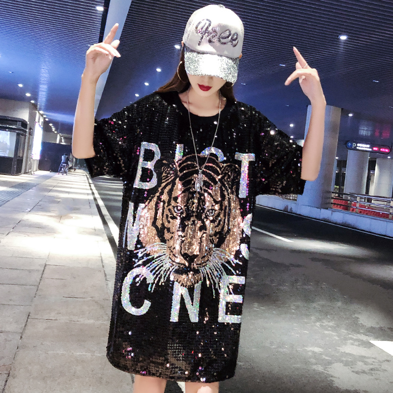 Europe station 2021 summer new women's clothing net red loose thin long version of the top personality sequined short-sleeved t-shirt