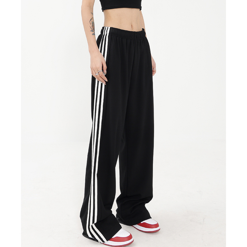 American-Style Black Straight-Leg Sweatpants for Women, New Spring and Autumn Versatile Striped Long Pants, Wide-Leg Slimming Casual Pants